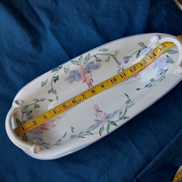 Studio pottery oblong serving dish with handles blue and pink flowers vtg 1993 - Picture 12 of 13